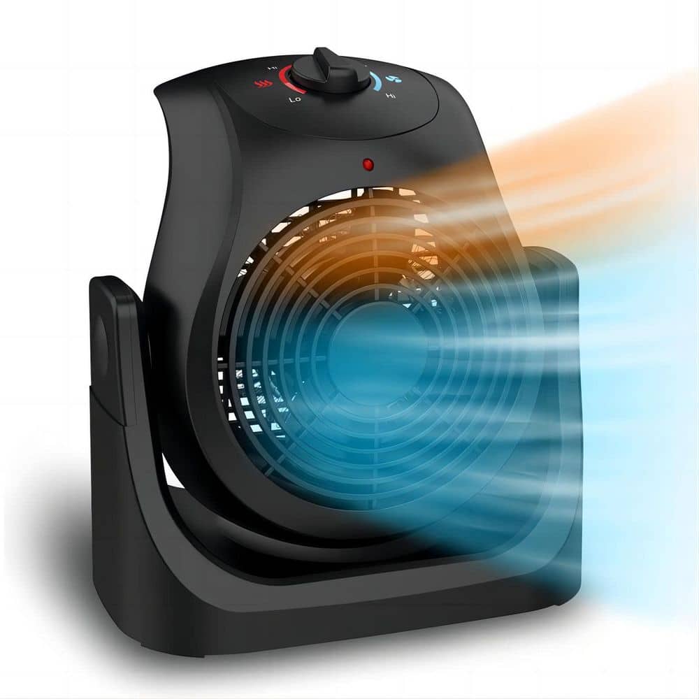 WOCK 8 in. Desk Fan in Black, 2 in 1 Heater Fan Combo, 45° Tilt, 2 Wind Speeds, 1500-Watt Overheat Protection, Personal Fan
