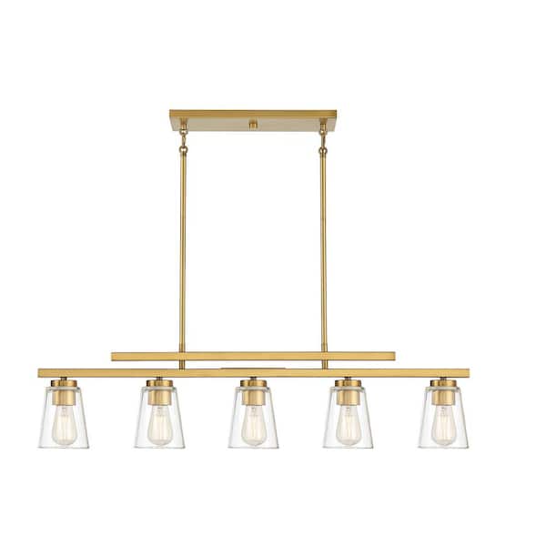 Savoy House Calhoun 40 in. W x 10 in. H 5-Light Warm Brass Linear Chandelier with Clear Glass Shades