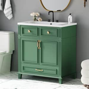 30 in. W Single Sink Freestanding Bath Vanity in Green with White Resin Top and Soft Closing Doors