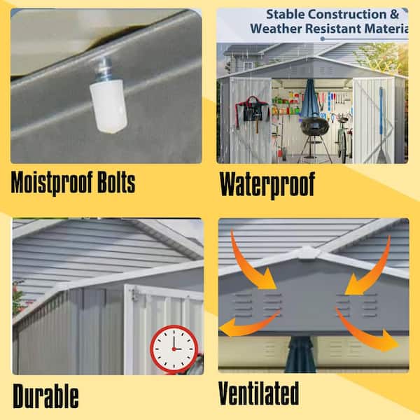 10 ft. W x 8 ft. D Outdoor Metal Storage Shed with Lockable Doors for Garden, Patio, Backyard, Lawn, Grey (73 sq. ft.)