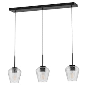 28 in. 3-Light Black Pendant Light withGlass Shade, Farmhouse Ceiling Lamp for Kitchen Island, Dining Room