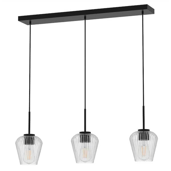 YANSUN 28 in. 3-Light Black Pendant Light withGlass Shade, Farmhouse Ceiling Lamp for Kitchen Island, Dining Room