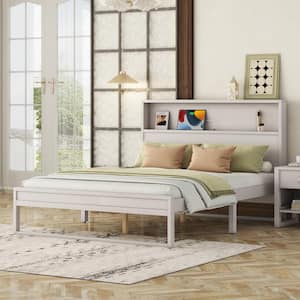 Antique White Wood Frame Queen Size Platform Bed with Storage Headboard, Sockets and USB Ports