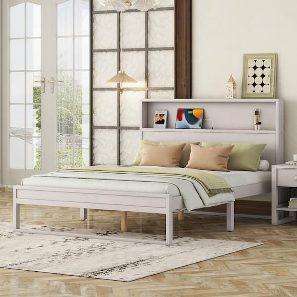 Harper & Bright Designs Antique White Wood Frame Queen Size Platform Bed with Storage Headboard, Sockets and USB Ports