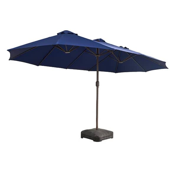 15 ft. × 9 ft. Rectangular Metal Double-sided Market Patio Umbrella with Base and Crank in Royal Blue