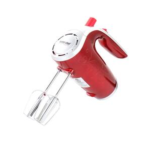 5-Speed Red Hand Mixer with Beaters and Dough Hooks