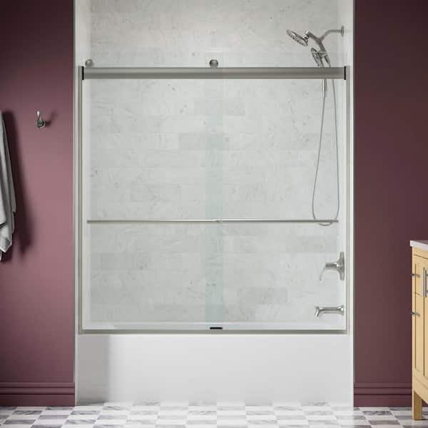 KOHLER Claro 57 - 60 in. W x 62 in. H Frameless Sliding Tub Door in Brushed Nickel with 1/4 in. Thick Crystal Clear Glass