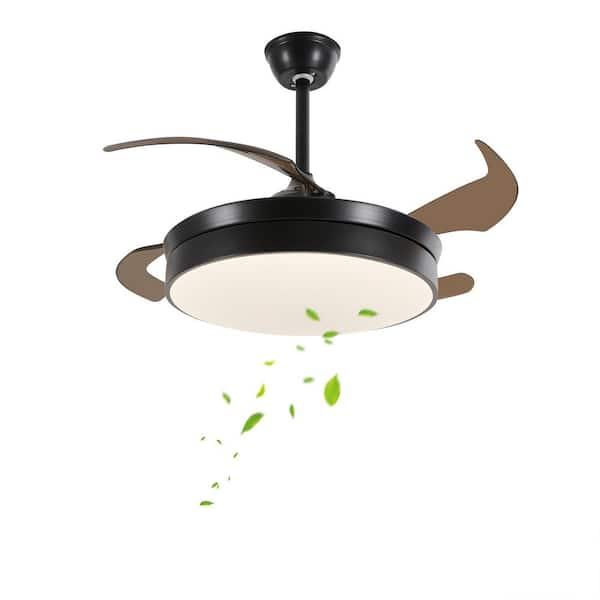 OUKANING 42 in. Integrated LED Indoor Black Modern 4 Retractable Blades Ceiling Fan with Remote Control for Living Room Bedroom