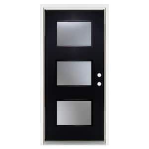 36 in. x 80 in. Left-Hand Inswing 3-Lite Frosted Glass Finished Black Fiberglass Prehung Front Door