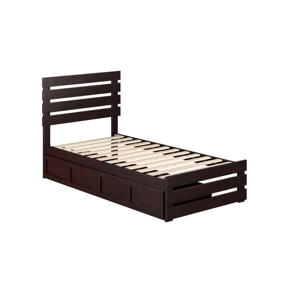 Espresso Twin Wood Storage Bed with Slatted Headboard and Drawers