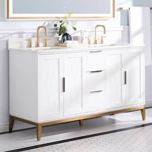 60 in.W x 22 in.D x 35 in.H Solid Wood Bath Vanity in White with White Quartz Top,Double Sink,Soft-Close Drawer and Door