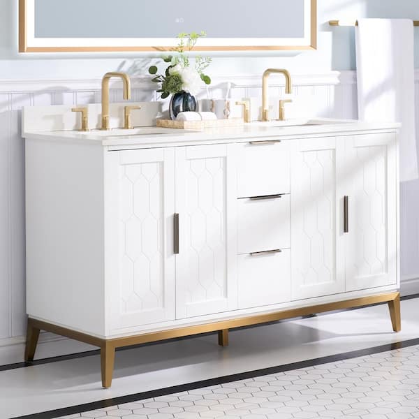 60 in.W Solid Wood Bath Vanity in White with White Quartz Top, Double Sink, Soft-Close Drawer and Door, Assembled