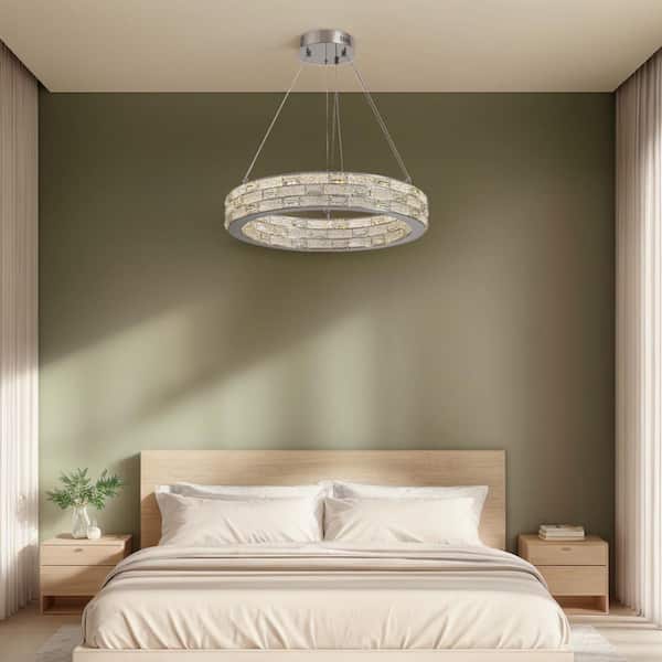 23.6 in. Modern 1-Light Integrated LED Chrome Crystal Chandelier Round Color Changing Light Fixture for Dinning Room