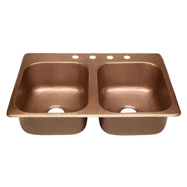 SINKOLOGY Raphael Drop-in Handmade Pure Solid Copper 33 in. 4-Hole Double Bowl Kitchen Sink in Antique Copper