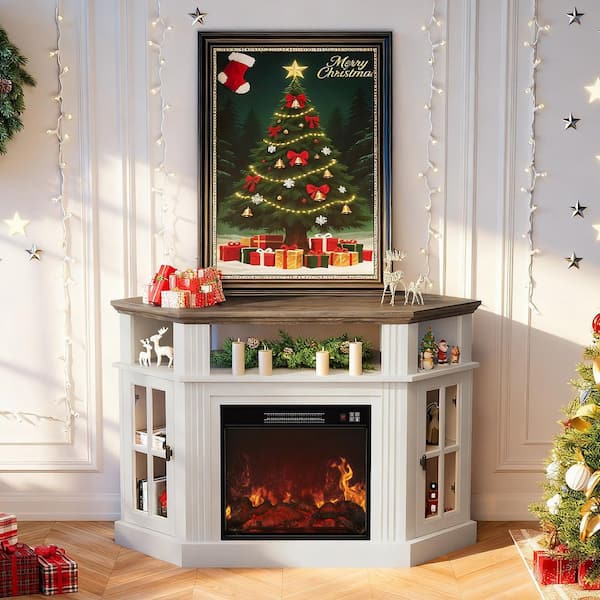 47 in. White Classic Corner TV Stand with Fireplace Fits TV's up to 55 in.