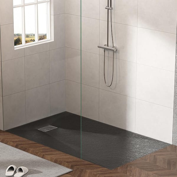 60 in. L x 36 in. W Low Profile Alcove Shower Pan Base with Left/Right Drain in Black, Wheel Chair Access