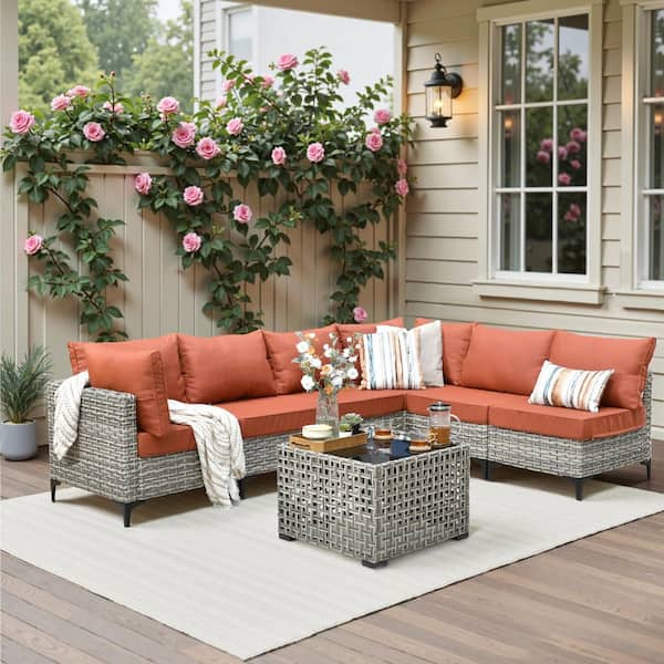 Holston 7-Piece Wicker Modern Outdoor Patio Conversation Sofa Sectional Set with a LED Table and Red Cushions