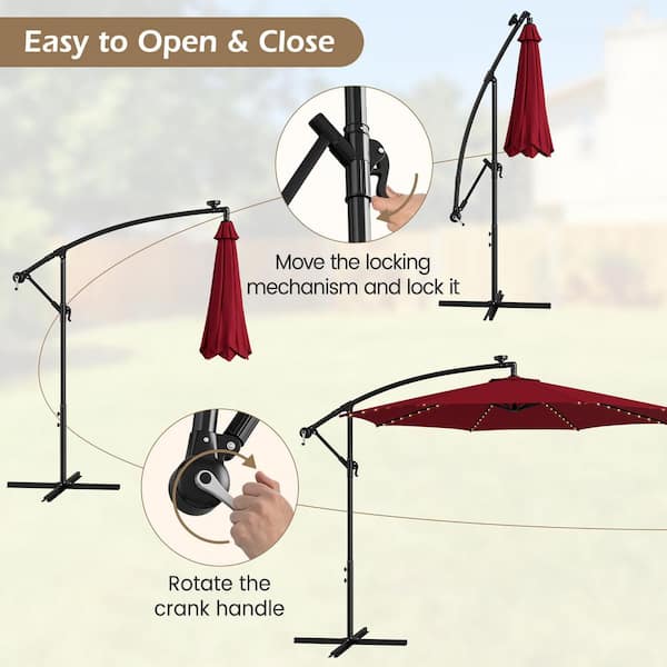10 ft. Solar-Lighted 112 LED Cantilever Offset Patio Umbrella Crank Tilt in Wine