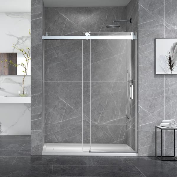 grossag 60 in. W x 76 in. H Frameless Sliding Tub Door in Brushed Nickel with 10mm Clear Glass, Grab Bar and Exposed Rollers