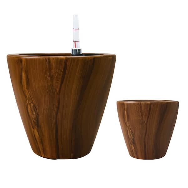 Afoxsos 10 in. Dark Wood Plastic Self-Watering Planter Pot (2-Pack )