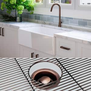 Luxury White Solid Fireclay 33 in. Single Bowl Farmhouse Apron Kitchen Sink with Antique Copper Accs &andFlat Front