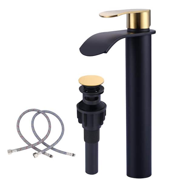 Modern Single Handle High-Arc Single Hole Bathroom Faucet with Pop Up Drain Included and Waterfall in Black and Gold