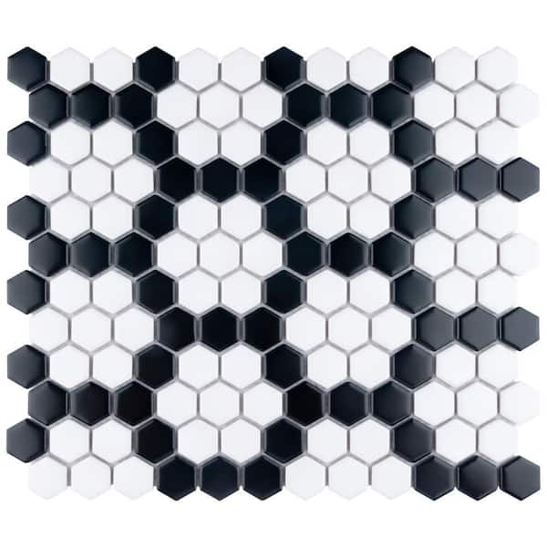 Merola Tile Metro 1 in. Hex Matte White with Black Honeycomb 6 in. x 6 in. Porcelain Mosaic Take Home Tile Sample