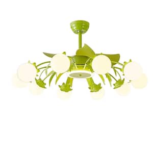 31 in. Indoor Green 8-Light Chandelier Ceiling Fan with Light and Remote, Fandelier with Milky Globe Shade for Bedroom