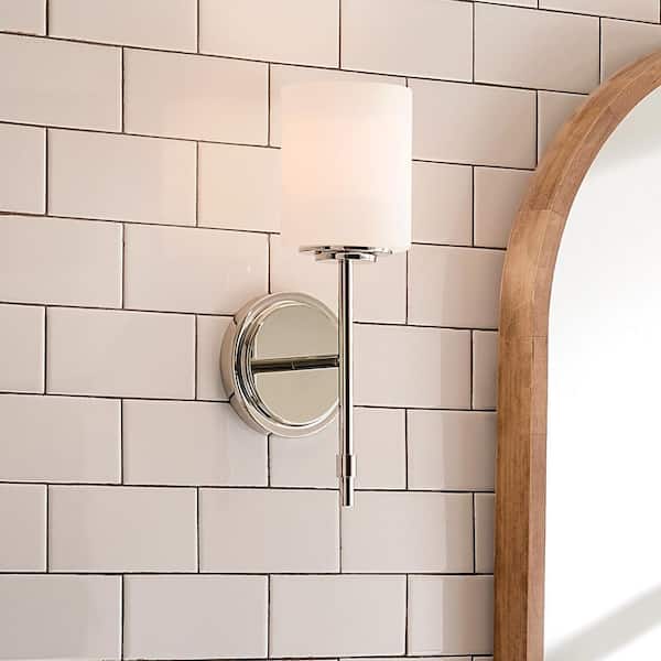 KICHLER Ali 1-Light Polished Nickel Bathroom Wall Sconce Light with Satin Etched Case Opal Glass Shade