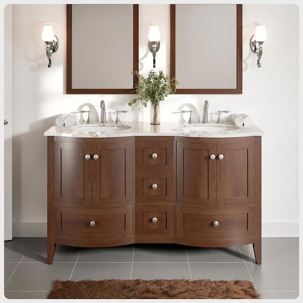 Eviva Stanton 60 in. W x 22 in. D x 33.75 in. H Freestanding Double Sink Bath Vanity in Teak with White Carrara Marble Top