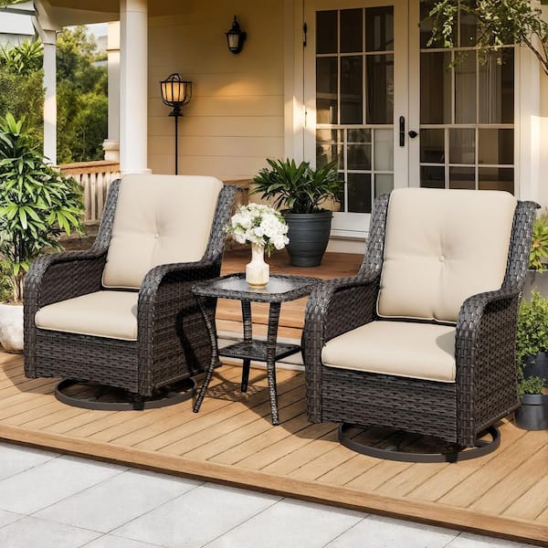 3-Piece Wicker Outdoor Rocking Chair Patio Swivel Chair Set with Beige Cushions and Table