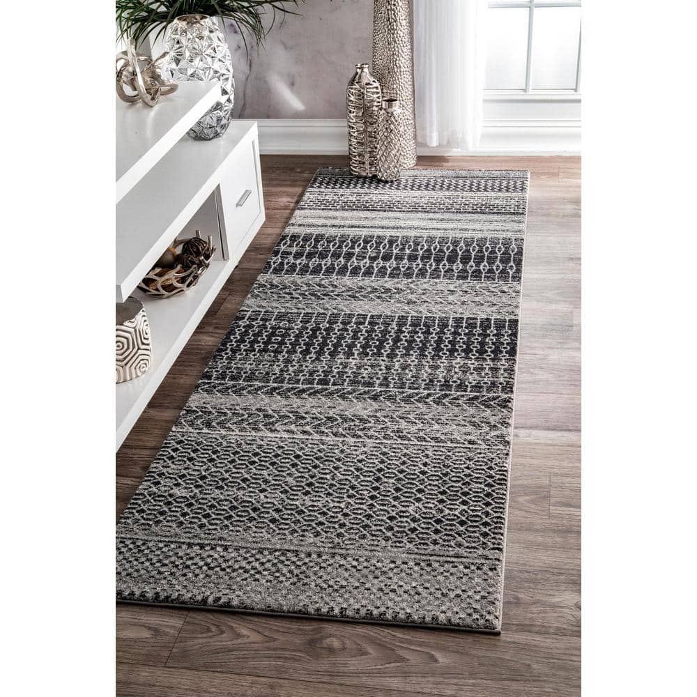 Nova Bohemian Dark Gray Striped Synthetic Runner Rug, 2'6" x 14'