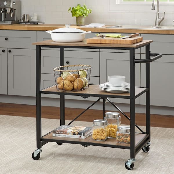 32 in. Wood Folding Kitchen Cart with Metal Frame, 2-Shelves and Wheels for Storage and Mobility