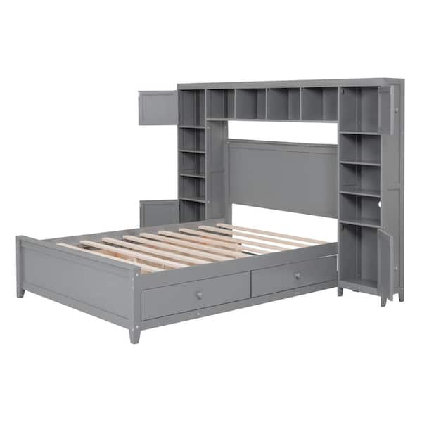 Gray Wood Frame Full Size Platform Bed with All-in-One Cabinet, Shelf and 4 Drawers