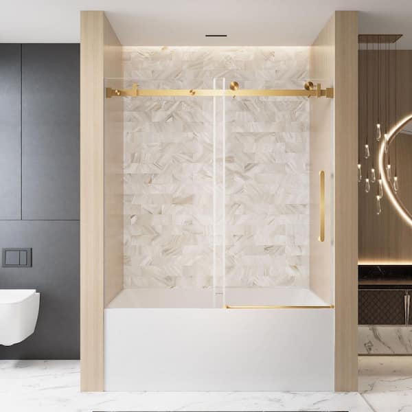 56-60 in. W x 60 in. H Frameless Sliding Tub Door in Brushed Gold with 1/4 in. (6 mm) SGCC Clear Tempered Glass