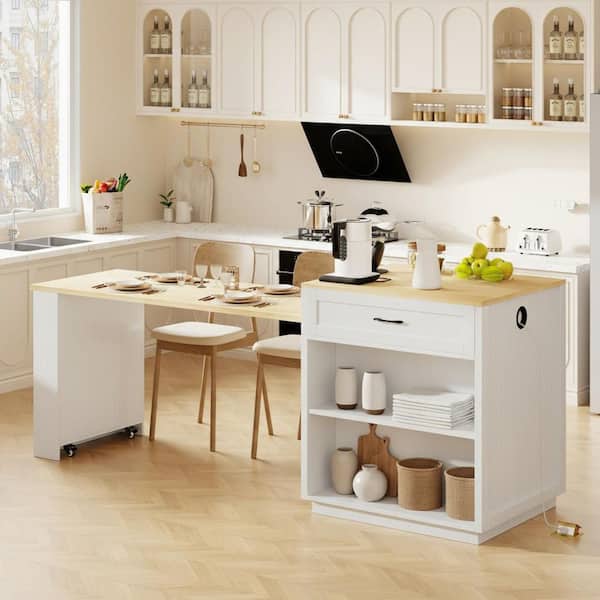 Runesay Modern White and Oak Wood 82.7 in. Power Outlet Kitchen