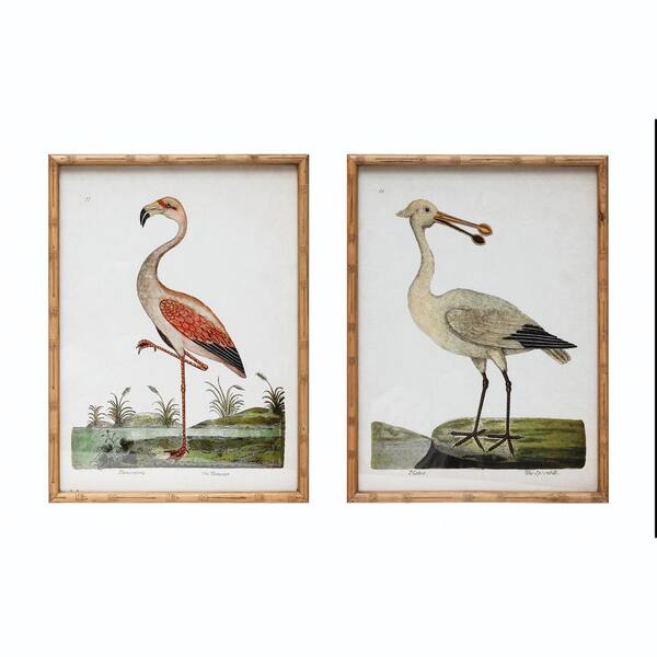 Storied Home Creative Co-Op Set of 2 Faux Bamboo Framed Glass Coastal Birds Art Print Wall Decor 24 in. x 18 in.