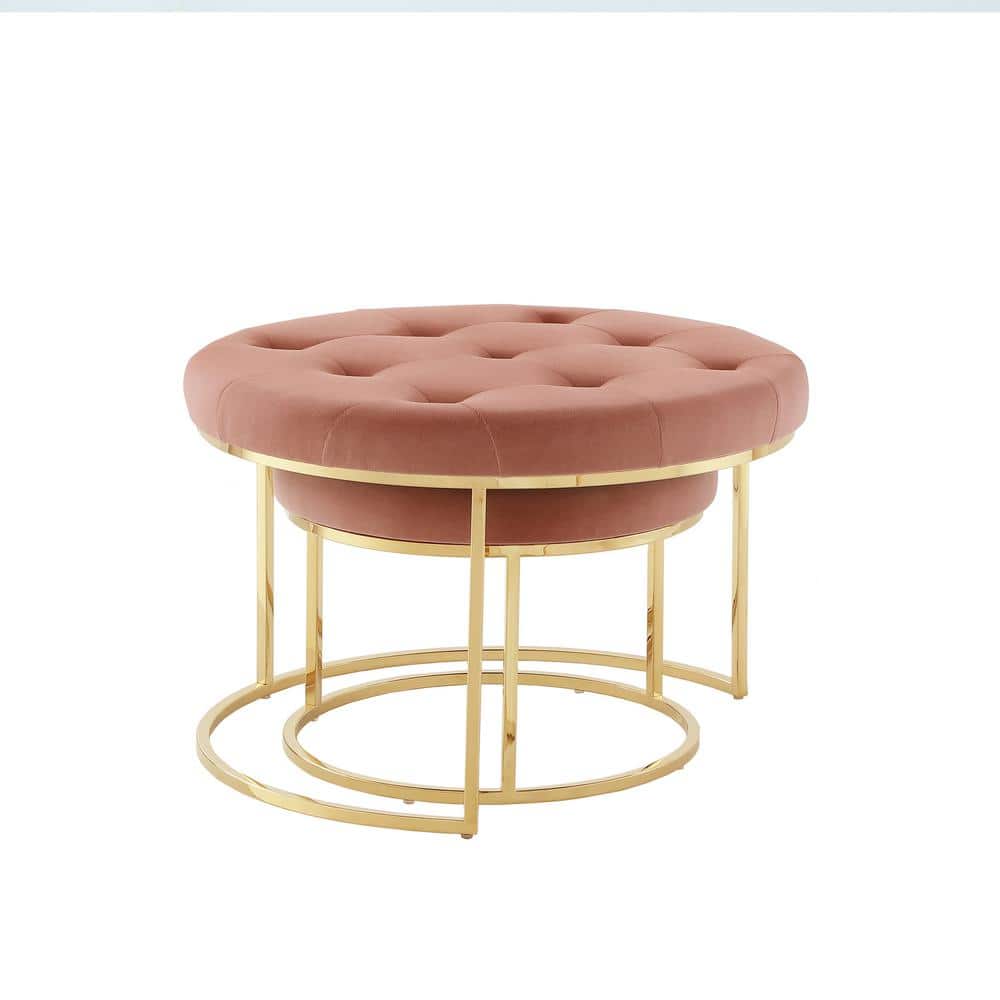 Blush Velvet Tufted Round Nesting Ottoman Set with Gold Base