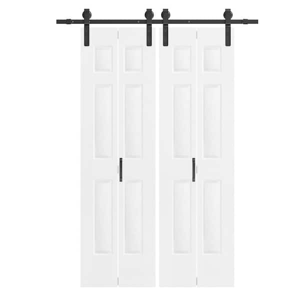 60 in. x 84 in. （Double 30 in. W Doors） White Finished, MDF, 6 Panel Bi-Fold Style Sliding Barn Door with Hardware Kit