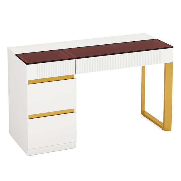 TRIBESIGNS WAY TO ORIGIN Perry 69 in. White Gold Large Computer Writing Desk Modern Vanity 4-Drawers Makeup Vanity Table Glass Top Dresser