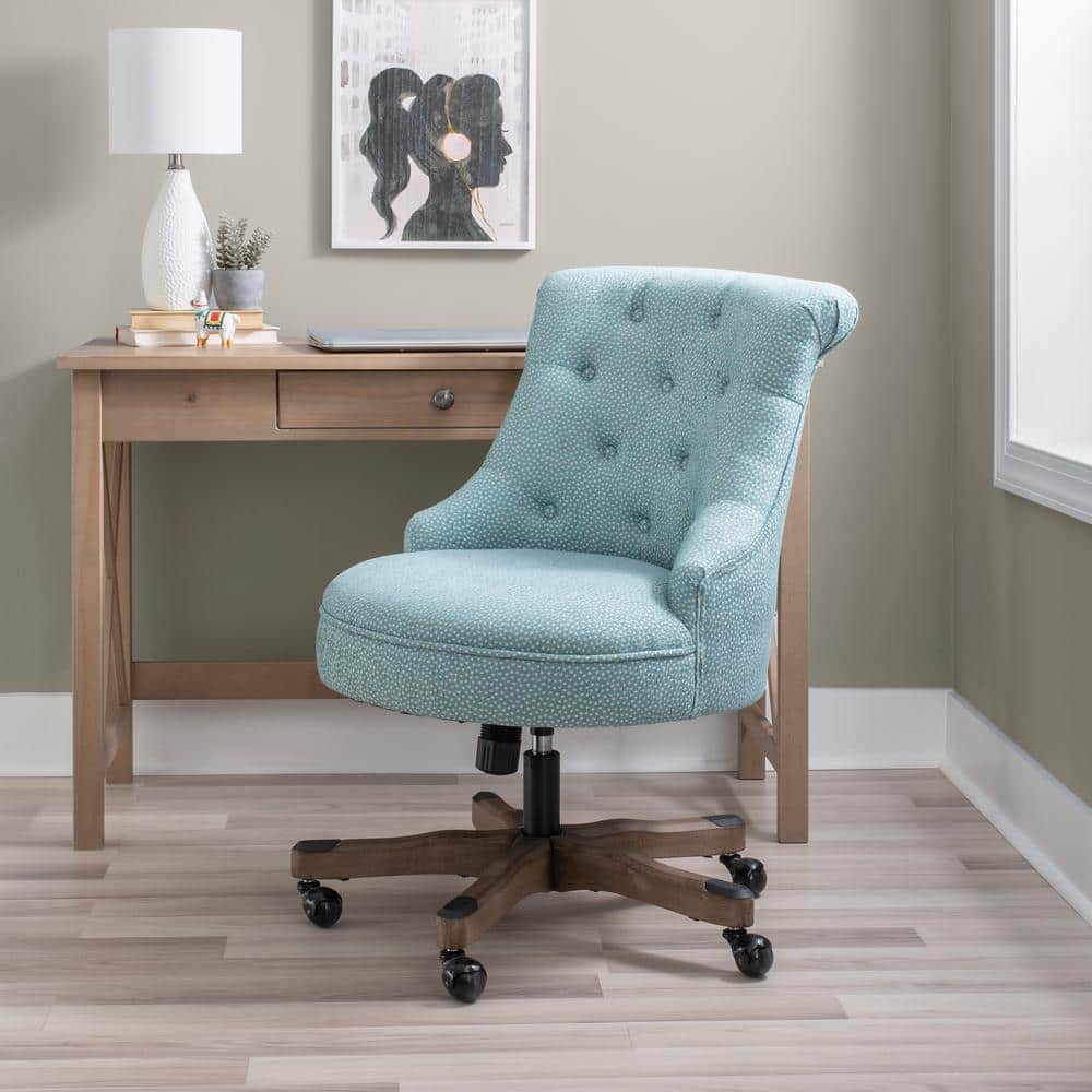 Plush Light Blue Fabric Swivel Office Chair with Gray Wash Wood Base