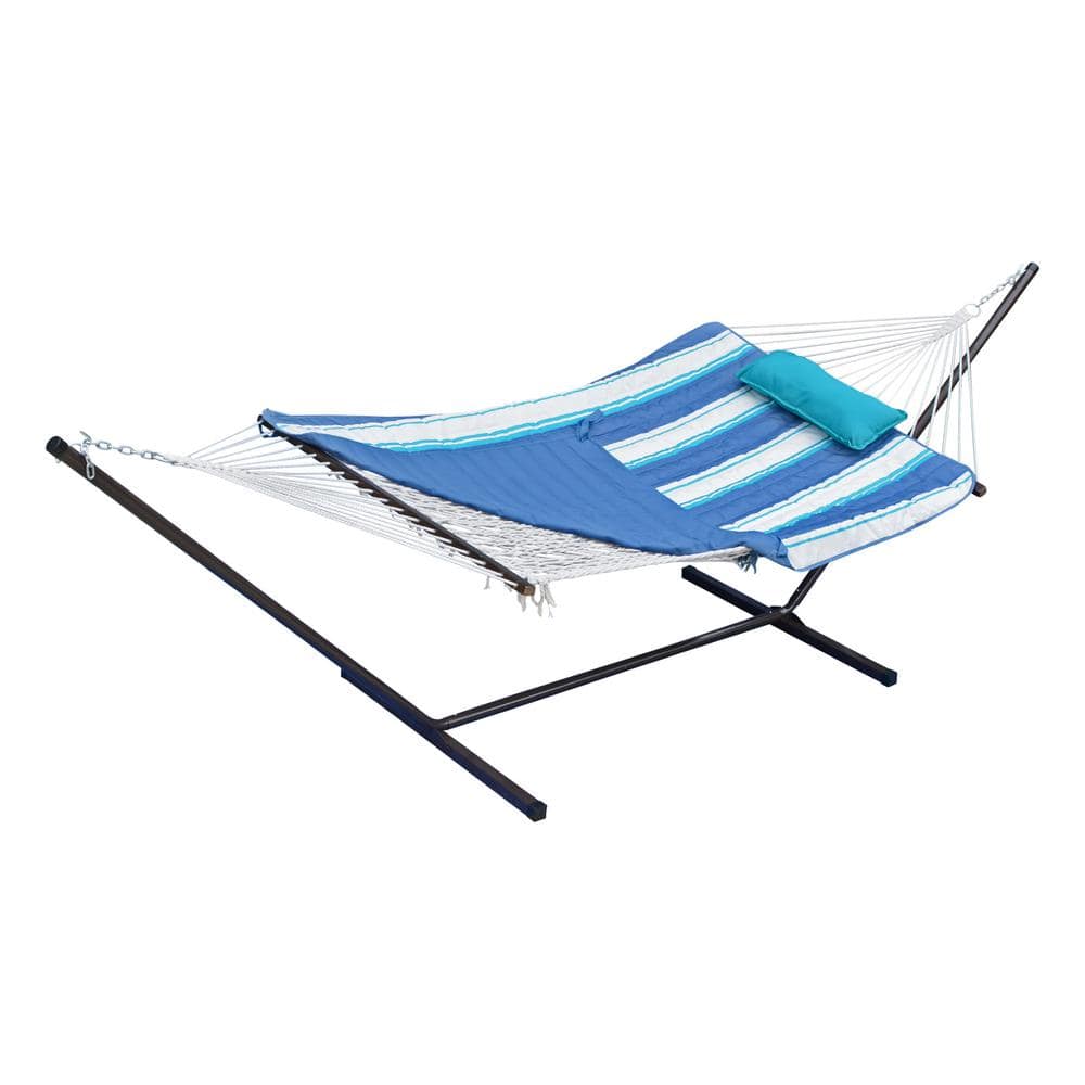 Blue Cotton Rope Hammock with Stand, Pad & Pillow