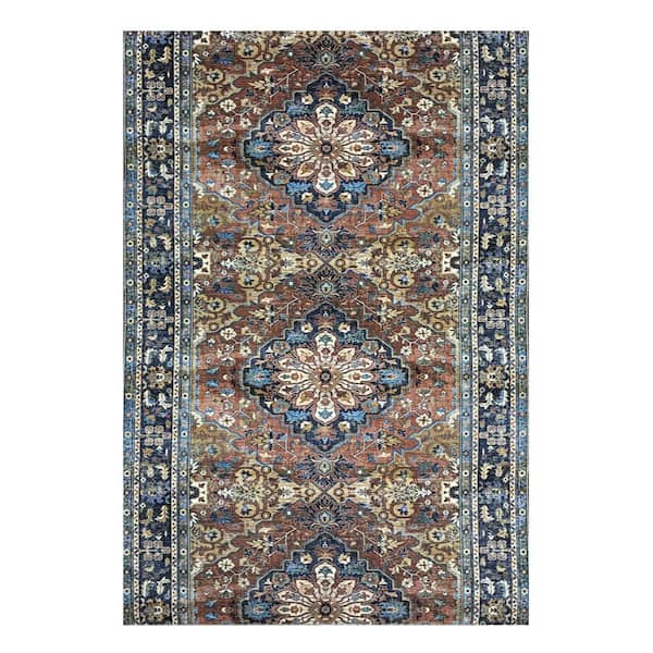 Runner Rug 2 ft. 2 in. x 10 ft. Reddish Brown Medallion Design Low-Pile Non-Slip Hallway Kitchen Runner Rug