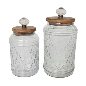 Clear Glass Floral Decorative Jars with Brown Wooden Lids and Antique Style Knobs (Set of 2)