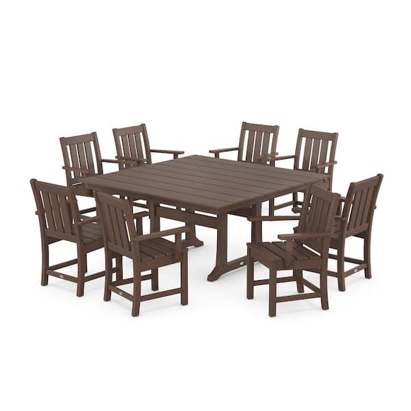 POLYWOOD Oxford 9-Piece Farmhouse Trestle Plastic Square Outdoor Dining Set in Mahogany