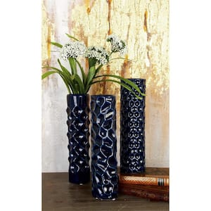 3 in., 12 in. Dark Blue Ceramic Decorative Vase with Varying Patterns (Set of 3)