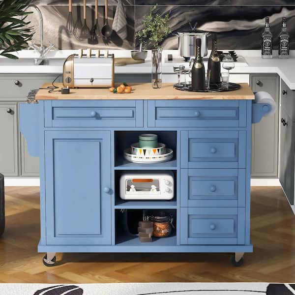 FAMYYT Rolling Blue Rubber Wood Desktop 53 in. Kitchen Island with Adjust Shelves and Wheels