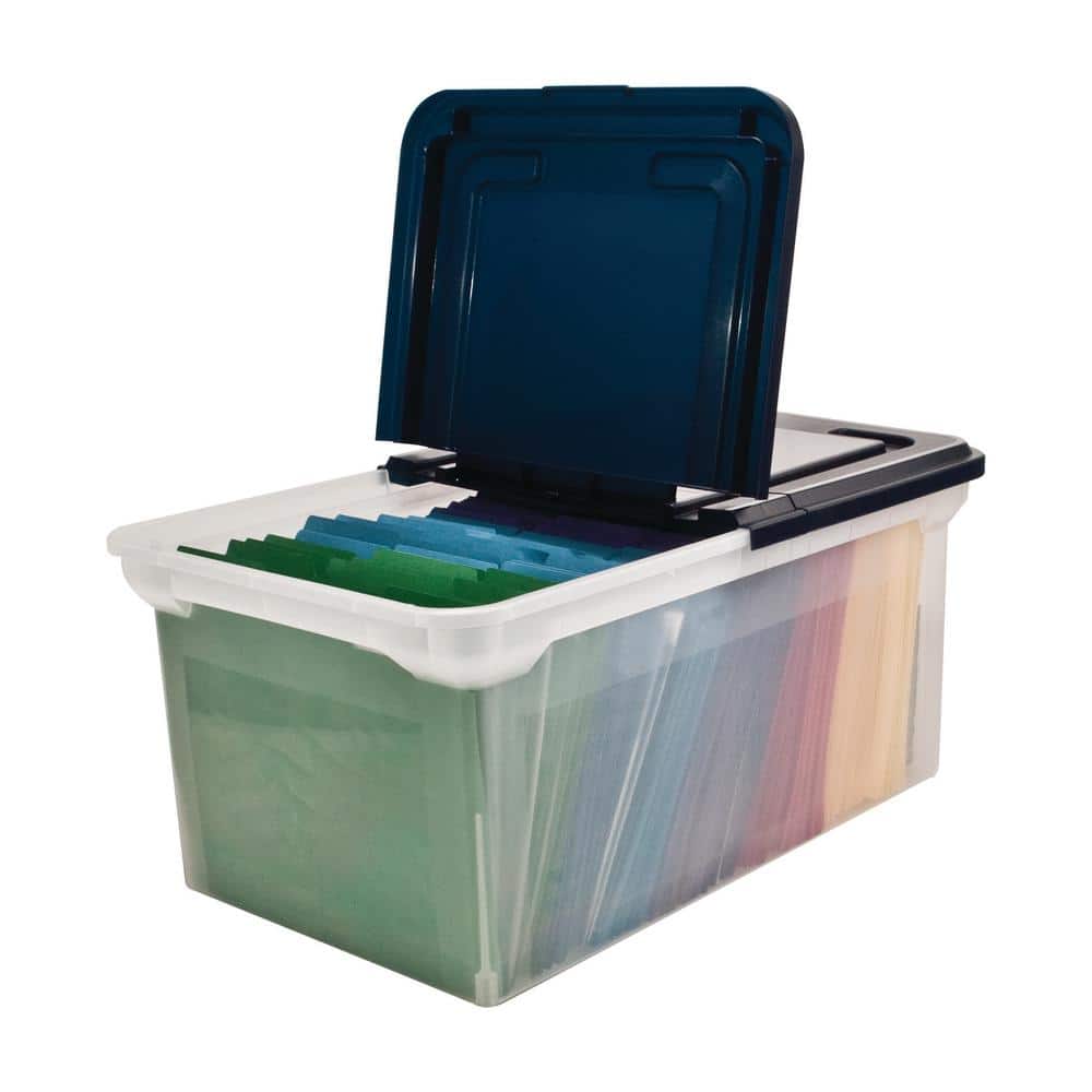 Clear and Navy 23" Plastic File Storage Box with Hinged Lid