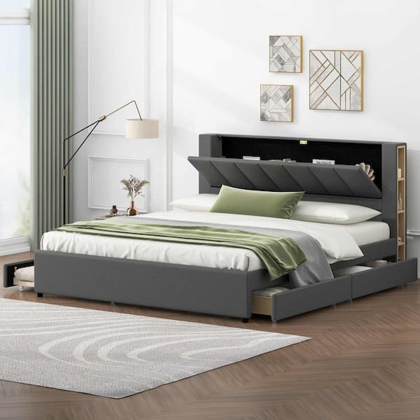 Polibi Gray Wood Frame King Platform Bed with Storage Headboard