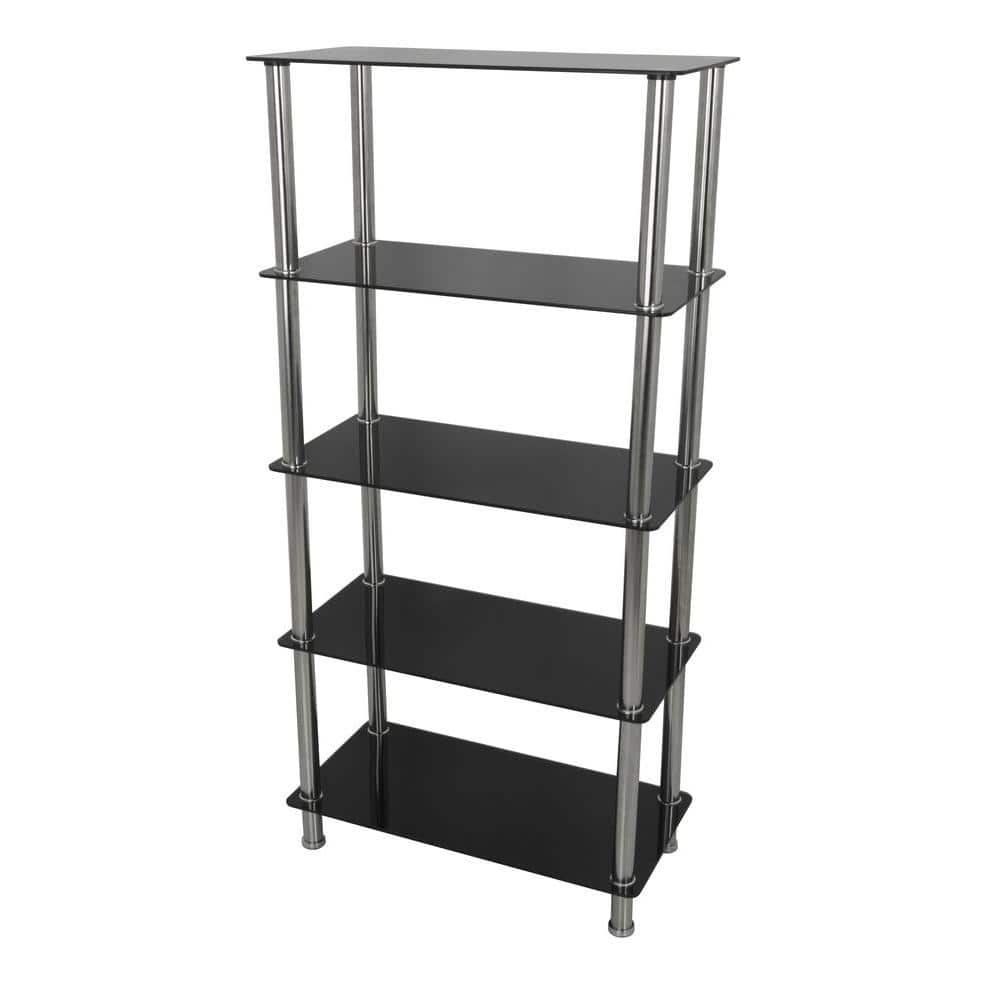 Tall Black Glass and Chrome 5-Tier Shelving Unit